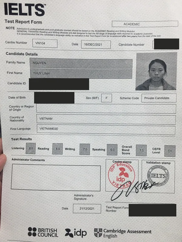 Phiếu điểm IELTS 7.5 của Thùy Linh