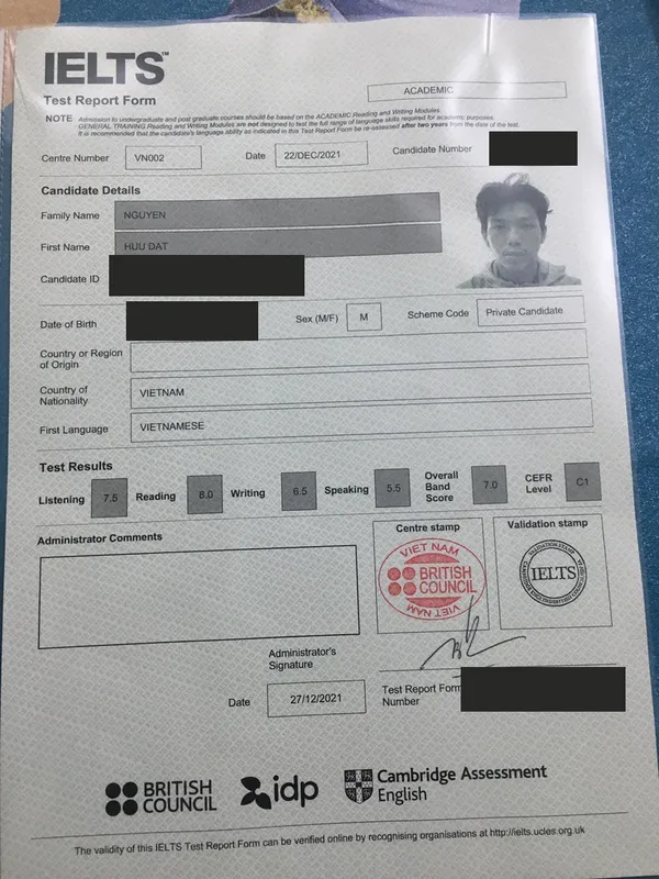 Phiếu điểm IELTS 7.0 của Hữu Đạt