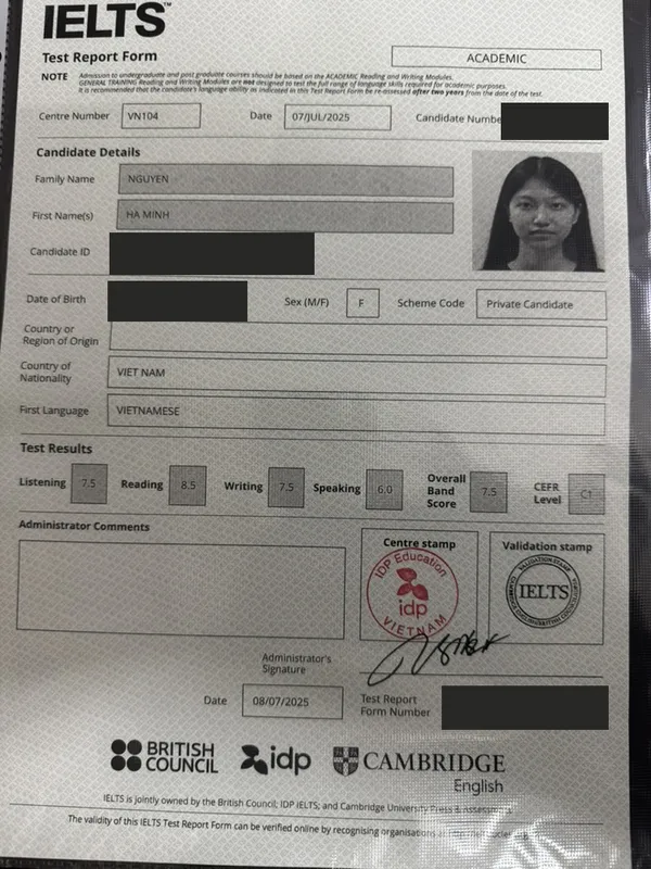 Phiếu điểm IELTS 7.5 của Hà Minh