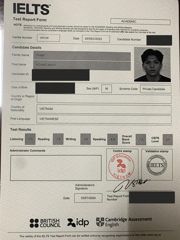 Phiếu điểm IELTS 7.0 của Hoàng Bách